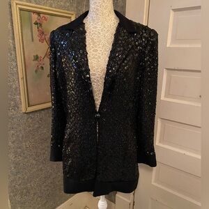 Vintage David Hayes Elegant Black satin & Sequin Jacket long blazer sparkly m/l